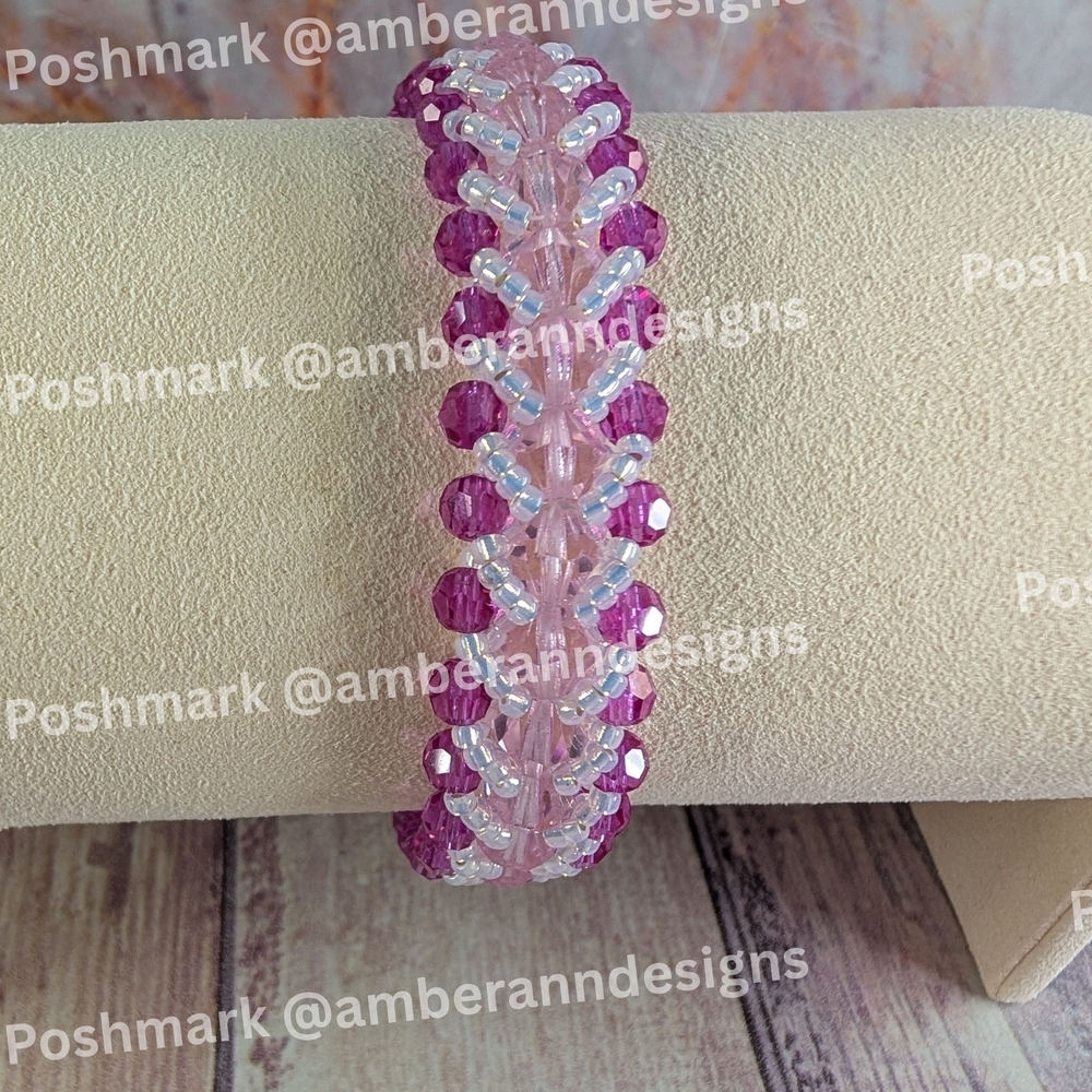 Handmade Herringbone Pink & Opal Beaded Bracelet